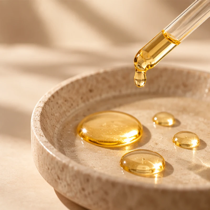 Aceite dorado como representación visual de la vitamina E empleada en cosmética